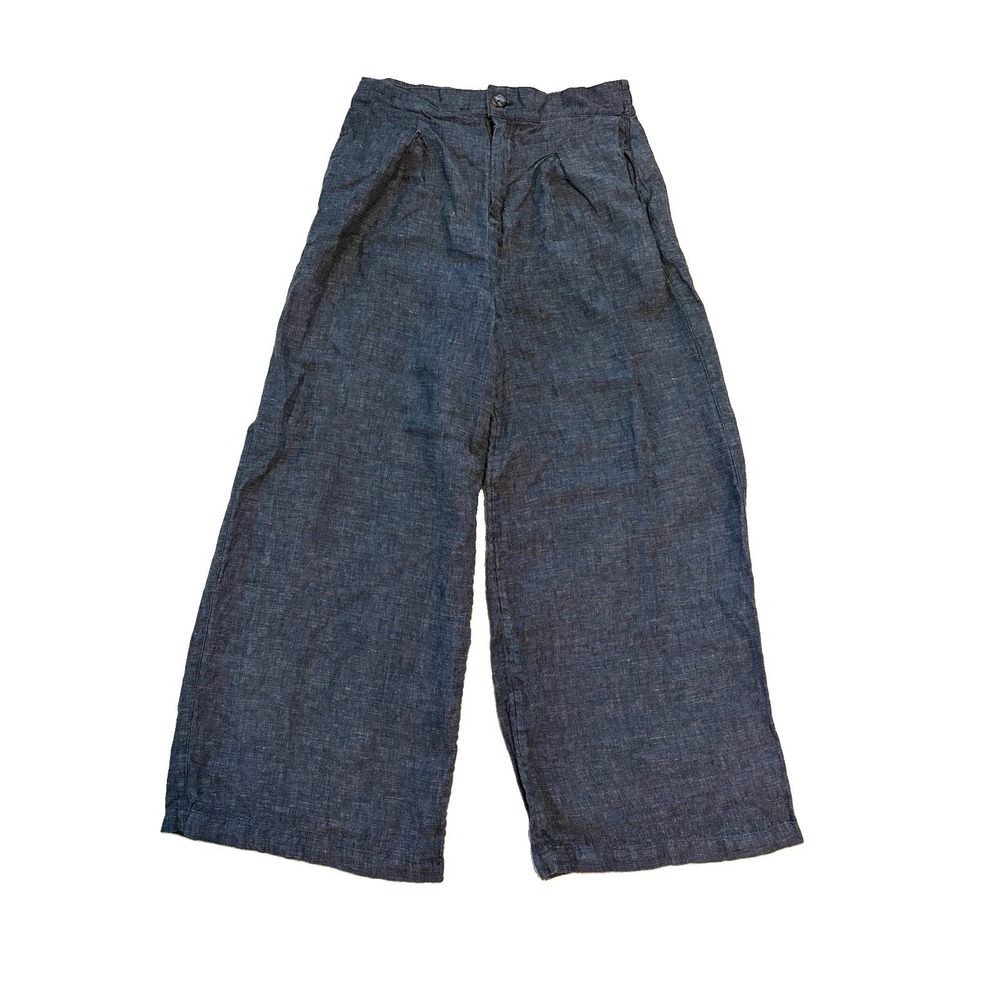 Halston 100% Linen Wide Leg Pants‎ Womens Size 10 Navy Blue Pleated High Rise
